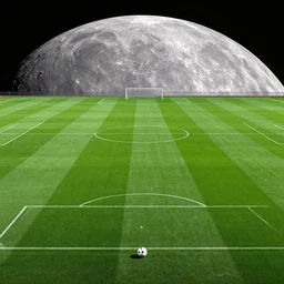 a photography of a green soccer pitch on the moon, extreme long shot