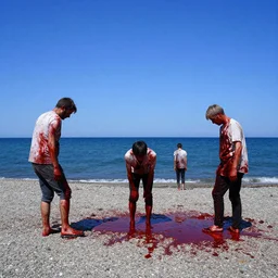 people with blood all over them, sea made of the blood, ground is made from gravel, clear blue sky, gravel ground, beksinski style