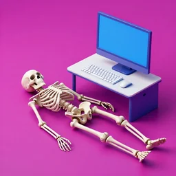 the skeleton lies on the ground in front of the computer, office, magenta and blue