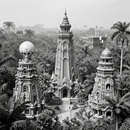 alien buildings inside a jungle, black and white photography, year 1 9 0 0
