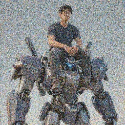 a man sitting on a mecha’s shoulders, hyperrealistic, 3D