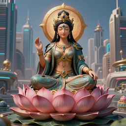 Beautiful 3d render of the flower queen goddess sitting on a giant lotus, centered, symmetry, with the third eye on her forehead, painted, intricate, volumetric lighting, beautiful, rich deep colours masterpiece, sharp focus, ultra detailed, in the style of Dan Mumford and marc simonetti, with a clear crowded futuristic cyberpunk dubai city in the background, astrophotgraphy