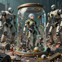an intricate concept art of a human experiment inside a glass in a robot junkyard, cinematic, post - apocalyptic, hyper maximalist, matte painting, ultra detail, concept art, hyper realistic, cgsociety, hyper maximalist, artstation, deviantart, style by feng zhu and dylan cole, octane render, anime style, vibrant color