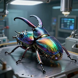 detailed photo of rainbow stag beetle shaped alien vehicle, laboratory, mechanical, 8 k, by daniel mcgarry, xiaolong wang, trending on artstation, hyper detailed, beautiful lighting, epic environment