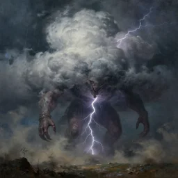 concept art, of a horrid creature made of clouds in the sky, thunderstom, rain, dust, medieval, dark concept art, dark skies painting by wlop, nixeu and greg rutkowski, beautiful, semirealism, artstation, octane render, oil painting, sharpness, 8 k, golden ratio