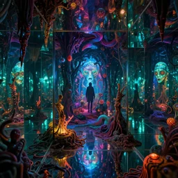 photorealistic infinity mirror eldritch horror. hyperdetailed photorealism, 1 0 8 megapixels, amazing depth, high resolution, 3 d shading, 3 d finalrender, 3 d cinematic lighting, glowing rich colors, psychedelic overtones, artstation concept art.