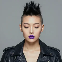 front close up portrait painting of a young asian woman with a mohawk haircut, wearing a leather jacket, purple lips, eyes closed, by kehinde wiley, kadir nelson