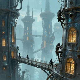 landscape painting of fantasy metal steampunk city that has a light blue glow with walkways and lit windows with hooded thieves in leathers climbing the buildings using a rope, fine details, magali villeneuve, artgerm, rutkowski