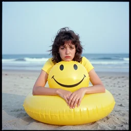 A sad woman wearing an inflatable smiley to the beach, 1980, color film expired film, aged photo