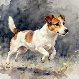 jack russel jumping, side view!!, caricature, water color portrait, illustration, by beatrix potter