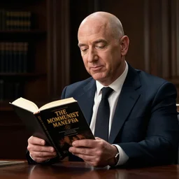 jeff bezos reading the communist manifesto, dramatic lighting