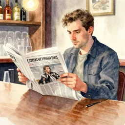 man reading newspaper in a bar, watercolor & pen