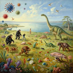 all of evolution as a striking detailed painting, landscape with sky and water and land, viruses, humans, bacteria, invertebrates, chimpanzee, neanderthal, dinosaurs, reptiles, fish, mammals, worms, corals, fungi, bacteria, viruses, animals, plants, flagellates, arachnids, snails, squid, birds, bivalves