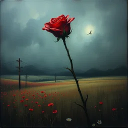 turner, j. m. w and zdzisław beksinski grunge gothic oil landscape painting of a red rose, dark art
