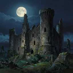 the ruins of a castle, in the night, lit by the moon, in the style of studio ghibli, dramatic, fantasy lighting