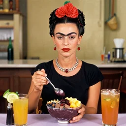 frida kahlo making acai bowls and juice at a juice bar, by frida kahlo