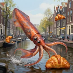 giant squid fighting croissants in amsterdam canal, fantasy, high detail, elegant, digital painting, cinematic lighting, textured skin, highly detailed, artstation, unreal engine 5, breathtaking, illustration, ilya kuvshinov, nikolay makovsky