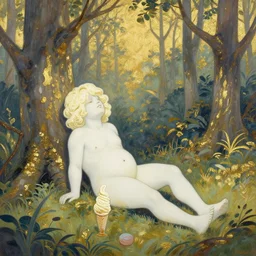 ice cream spirit lost in a forest. this art noveau gouache and gold leaf painting has a beautiful composition.