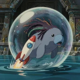 hyperrealist, studio ghibli dull colors painting from close encounters of the third kind 1 9 7 7 of a multi - colored manatee with dreadlocks rocketing out of a bubble in a flooded temple.