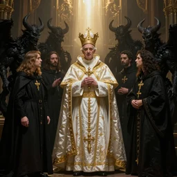 worship of the pope, royal robe, gold trim, people in black, demons, mysticism, light effect, hyper detailed, intricate, atmospheric, elegant, photorealistic by michael komarck, greg rutkowski, victo ngai, artgerm, willem claesz heda and j. dickenson