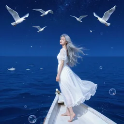 a young thin woman with sliver long hair wearing a long white dress, on a boat flowing in the deep blue starry sea, flying white birds, sea animals, bubbles like a dream, hyperrealistic, highly detailed, fairytale by gustav klimt, whole body, look back