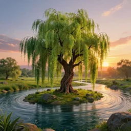 featured on artstation majestic willow tree overlooking swirling river at sunset, beautiful image stylized digital art