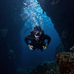 diver in a cave underwater, ultra realistic, cosmic, haunted, cave like teeth, bubbles, scary, blues and colorful, cinematic, 4k,