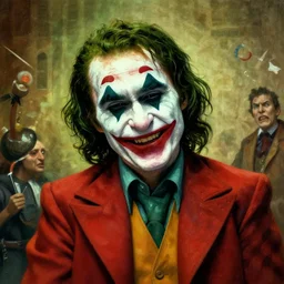 portrait of the joker, joker is laughing, drama, chaos matte painting by hieronymus bosch and zidislaw beksinsky