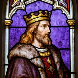 gothic stained glass window, side - view portrait of a king, long hair and full beard, golden headband, furry coat, purple background, masterful, backlit