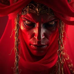 surreal digital portrait of a necromancer by tom bagshaw, red fabric, fiber of diamond and amethyst weaving into strands of gold and brass and iron metal filigree joining into carbon fiber strands, fractal shapes, dramatic lighting, ultra detail, close up, dof, smooth render, cinematic, octane render, art nouveau