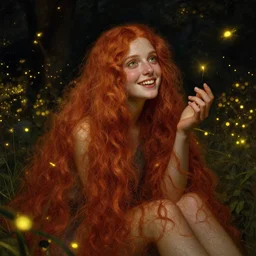 infp girl, smiling, amazed by the lights of golden fireflies, sitting in the midst of nature fully covered, long loose red hair, intricate linework, dreamy green eyes, small nose with freckles, oval shape face, realistic, expressive emotions, dramatic lights, spiritual scene, hyper realistic ultrafine art by battistello caracciolo, albert bierstadt and artgerm