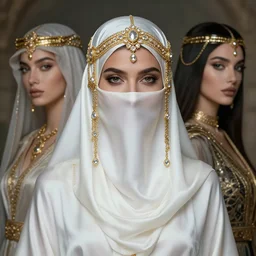 a beautiful woman wearing a white niqab made of silk with golden jewelry and diamonds by alex gray and android jones, karol bak, ayami kojima, arabian, concept art, fantasy