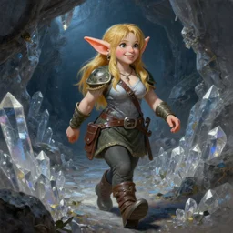 happy female fantasy dwarf miner walking through a crystal mine, fairy tail book, oil painting, artstation, octane render, highly detailed, 8 k, hd, larry elmore