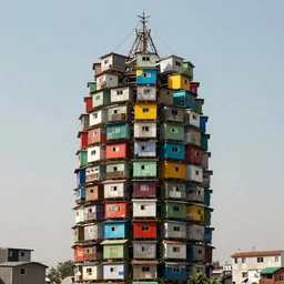 a tower made up of colourful makeshift squatter shacks, dystopia, sony a 7 r 3, f 1 1, fully frontal view, ultra detailed, photographed by jeanette hagglund