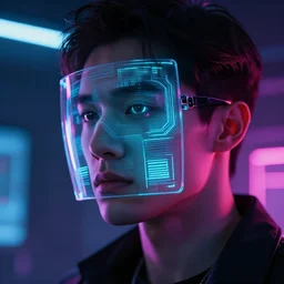 beautiful cyberpunk artwork of a man with a screen on his face, neon lights, close up