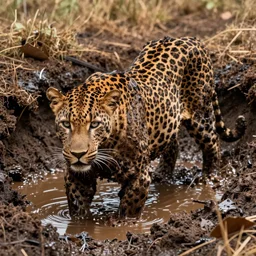 a panther, made of tar, bathing inside the tar pit, full of tar, covered with liquid tar. dslr, photography, realism, animal photography, color, savanna, wildlife photography