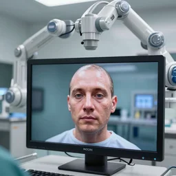 on video monitors a face transplant in an operating room with robotic surgeons with a lot of wires and video monitors , photorealistic,by Wlop,4k resolution