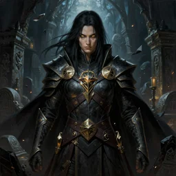 a highly detailed symmetrical painting of a arcanist warrior with piercing eyes and black hair standing in dark tomb setting, dynamic lighting, ambient lighting, deviantart, art by artgerm and karol bak and mark brooks