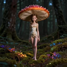 portrait of a thin girl twiggy face in full height, elegant pose, a huge toadstool hat on her head, large eyes , the girl is standing on the edge of the forest, surrounded by colorful sparkling moss ,intense, dramatic lighting, intricate details, cinematic, high definition
