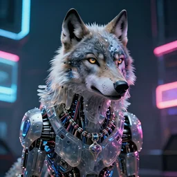 portrait of half cybernetic wolf, l machine, animal, wires and translucent liquid, cyberpunk, robot wolf, mechanical parts, jewelry, editorial photography, neons, blade runner, futuristic style, realistic bokeh and depth of field, award winning, establishing shot