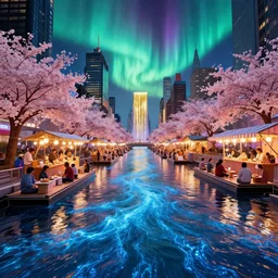 floating markets of times square river on bioluminescent wave in antelope canyon during sakura season on an interstellar aurora borealis, gold waterfalls, vendors, festivals, fun, by peter mohrbacher, james jean, james gilleard, greg rutkowski, vincent di fate, rule of thirds, octane render, beautiful landscape