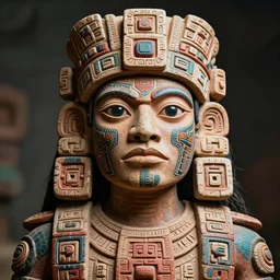 portrait photography of an ancient mayan alien, ritualisic mayan psychedelic, mexican face, detailed face, clear eyes, clear mouth, demihuman, aztec tatoos, mayan body painting, tenochtitlan, looking towards the camera. mariachi style. high details, humanoid demigod.
