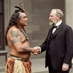 a tattooed maori dignitary shakes hands with a 2 0 th century english industrialist, colorized 1 9 0 4 photo, kodak camera, historical event, credit the national archives of the united kingdom