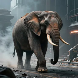 apocalyptic, a terminator elephant walking on the future street. smoke. volumetric lighting, sharp focus, ultra detailed, cgsociety - w 1 0 2 4 - n 8 - i