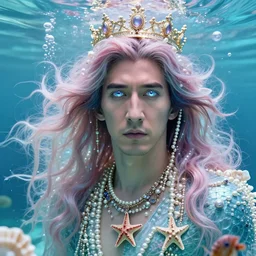 “ adam driver portrait, fantasy, mermaid, hyperrealistic, game character, underwater, highly detailed, sharp focus, cinematic lighting, pearls, glowing hair, shells, gills, crown, water, highlights, starfish, jewelry, realistic, digital art, pastel, magic, fiction, ocean, king, colorful hair, sparkly eyes, fish, heroic, god, waves, bubbles, king ”