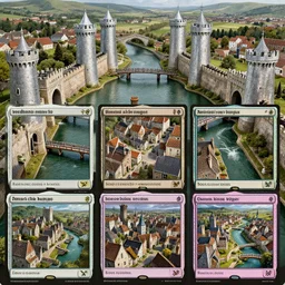 medieval city with four aluminum towers rise from its walls flanking seven gates with spring operated drawbridges that span the moat whose water feeds four green canals which cross the city, dividing it into nine quarters, each with three hundred houses and seven hundred chimneys, magic the gathering