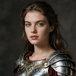 close - up portrait of beautiful model dressed gladiator with metallic armor, art by albert watson