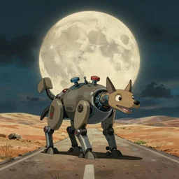 a study of cell shaded cartoon of a mechanized jackal from howl's moving castle ( 2 0 0 4 ) on a desert road, in front of a big moon, full body, wide shot, very muted colors, post grunge, studio ghibli, laurie greasley, highly detailed, deviantart, art by artgem