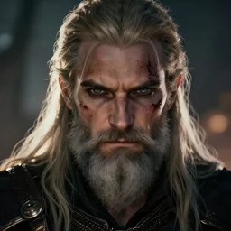 geralt of rivia with long beard and intense eyes, scarred, close up, rim lighting, back lighting, bokeh, portrait, sinister atmospheric lighting. highly detailed painting by greg rutkowski, anime style