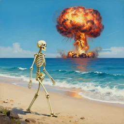 a skeleton walking on a beach next to the ocean, nuclear bomb explosion in the background, a surrealist painting by Storm Thorgerson, featured on cg society, matte painting, realistic, chillwave
